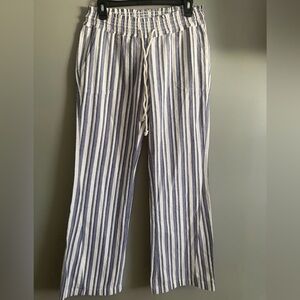 Roxy Oceanside Linen Blend Blue and White Striped Flared Leg medium pants NWT
